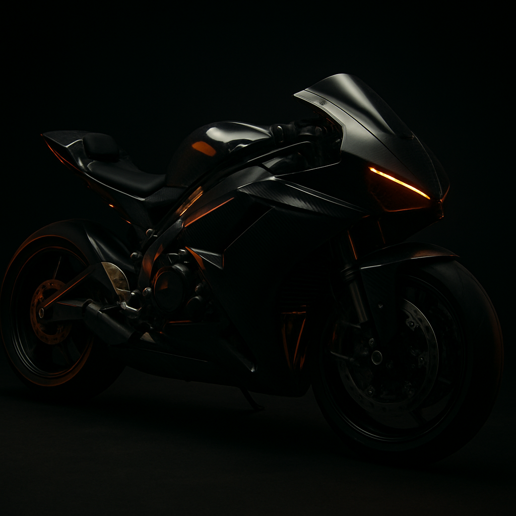 Vehículo deportivo personalizado bajo luz naranja en estudio negro mate